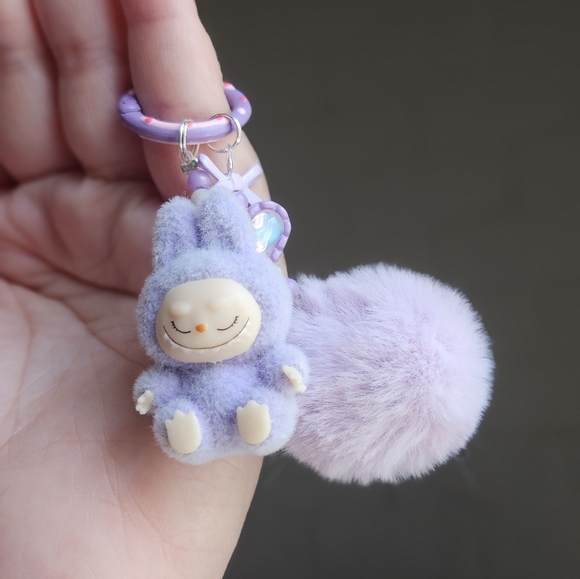 Flocked Fuzzy Have a Seat Labubu Keychain with Heart Gems Pom Pom Bag Charms NEW - Picture 4 of 16